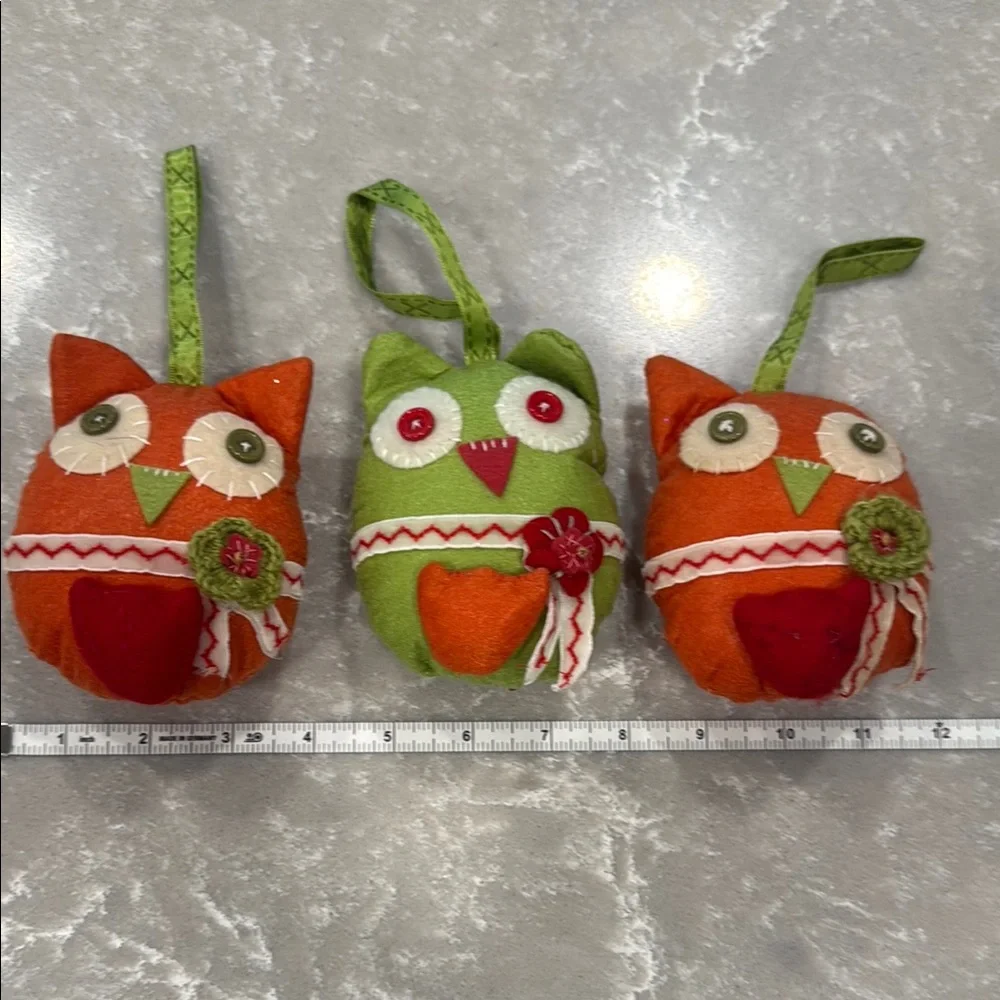 Set of 3 Handcrafted Felt Owl Christmas Ornaments Red Orange Lime Green White